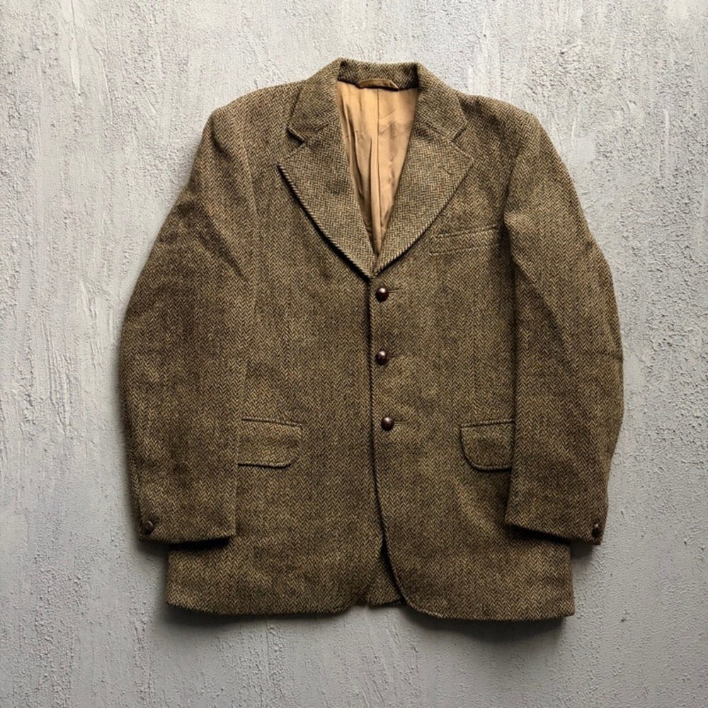 Vintage Dunn & Co Blazer 38 Brown 1970s Harris Tweed Herringbone Sport Coat
